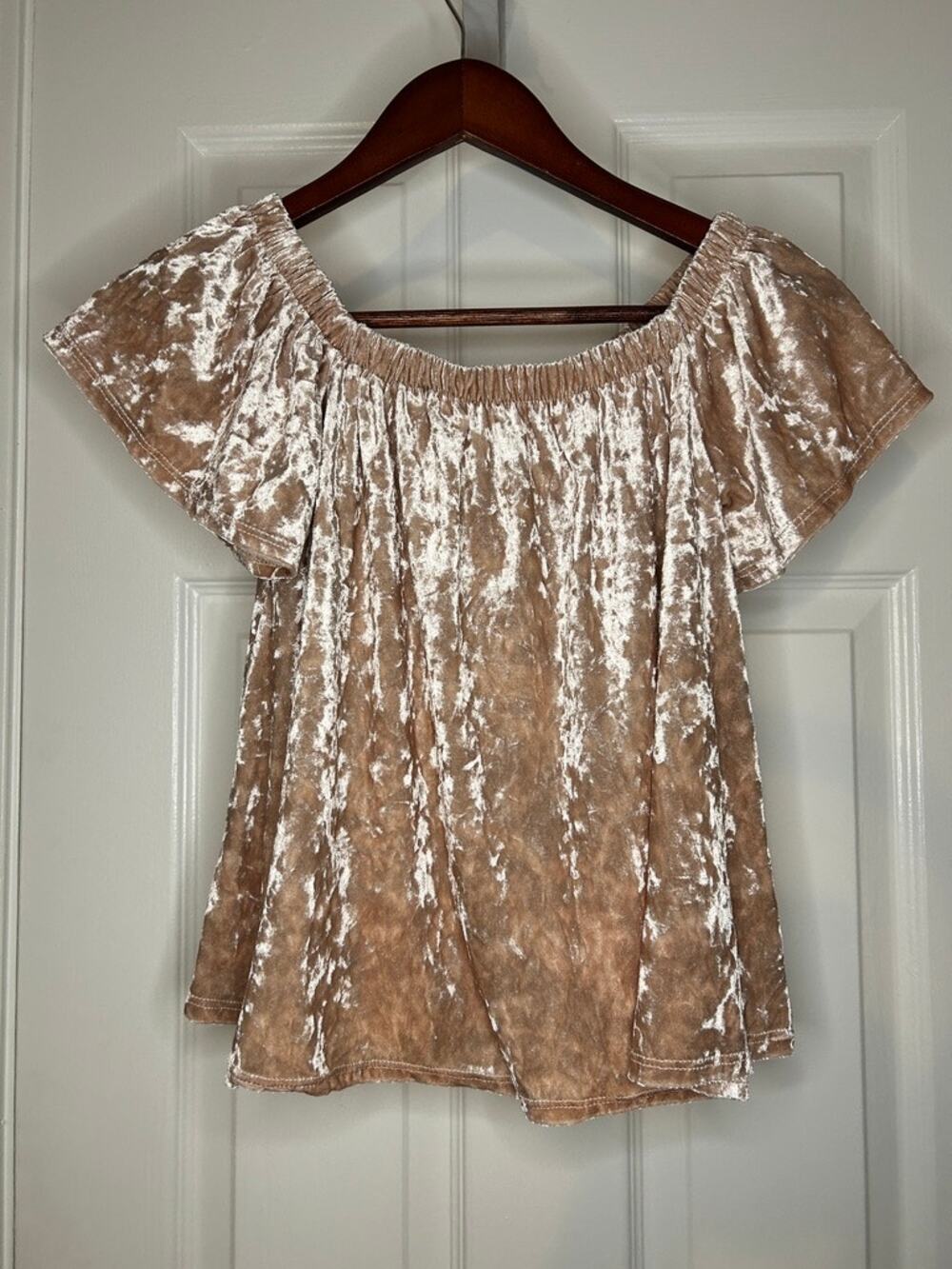 NYTT Velvet Off Shoulder Top Womens Large Blush Pink Crushed Velvet Boho